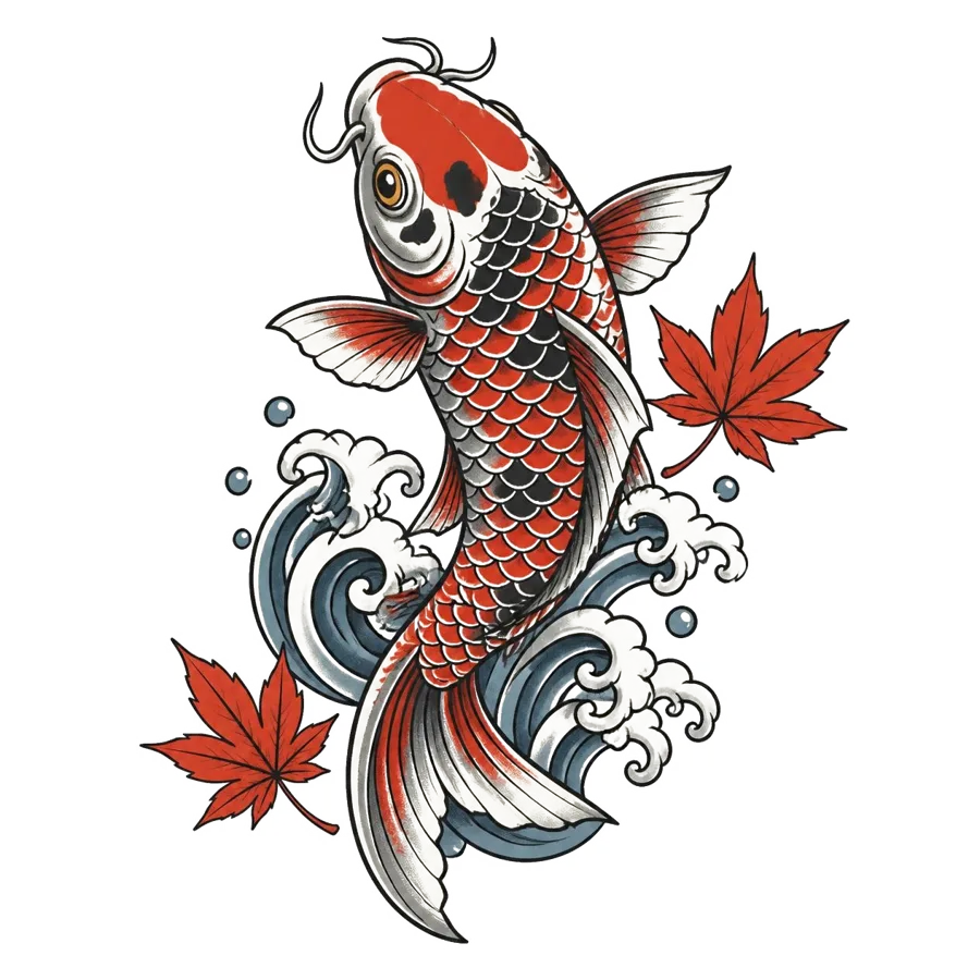 Koi in the waves tattoo flash design